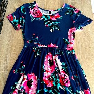 DB Moon Medium Length Blue Floral T-Shirt Dress